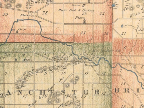Figure 8 – Excerpt from Samuel Pettibone’s 1843 Map Showing Sections 2 and 3 of Manchester Township